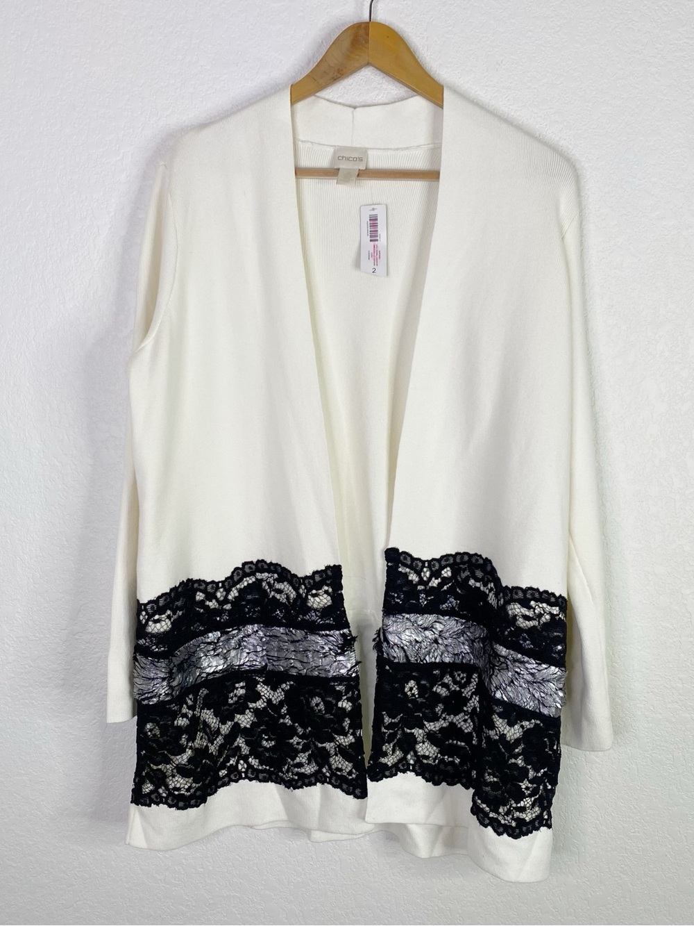 Chico’s White Black Lace Drama Cardigan Sweater